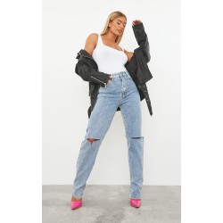 Vintage Light Blue Wash Slash Knee Long Leg Straight Leg Jeans