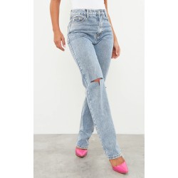 Vintage Light Blue Wash Slash Knee Long Leg Straight Leg Jeans
