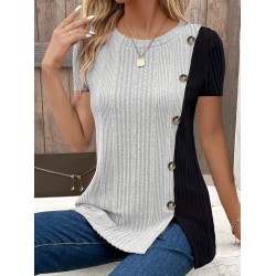 Button Decor Color Block T-Shirt, Casual Crew Neck Short Sleeve Top For Spring & Summer, Women’s Clothing – PRYCUS MITCHELL INC