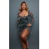 Shape Green Abstract Print Mesh Long Sleeve Ruched Side Frill Hem Bodycon Dress