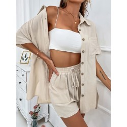 Women’s fashion loose temperament lapel shirt short sleeve pocket elastic waist shorts solid color suit – PRYCUS MITCHELL INC