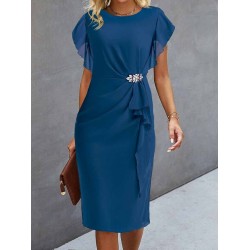 Party Dress Cocktail Dress Wedding Guest Dress Midi Dress Blue Green Short Sleeve Pure Color Ruffle Summer Spring Fall Crew Neck Party Evening Party Wedding Guest Vacation S M L XL 2XL 3XL – PRYCUS MITCHELL INC
