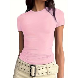 Solid Color Casual T-Shirt, Round Neck Short Sleeves Stretchy Sports Tee, Women’s Comfy Tops – PRYCUS MITCHELL INC