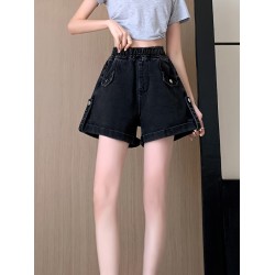 Women’s Casual Denim Shorts, Elastic Waist, Black Color Plain Jean Shorts With Pocket Detail, Summer Fashion – PRYCUS MITCHELL INC