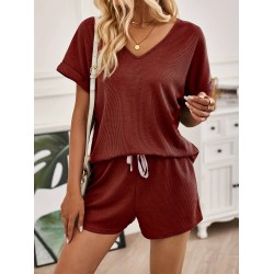 Solid Color Summer & Spring Casual Two-piece Set, V Neck Short Sleeve Top & Drawstring Shorts Outfits, Women’s Clothing – PRYCUS MITCHELL INC